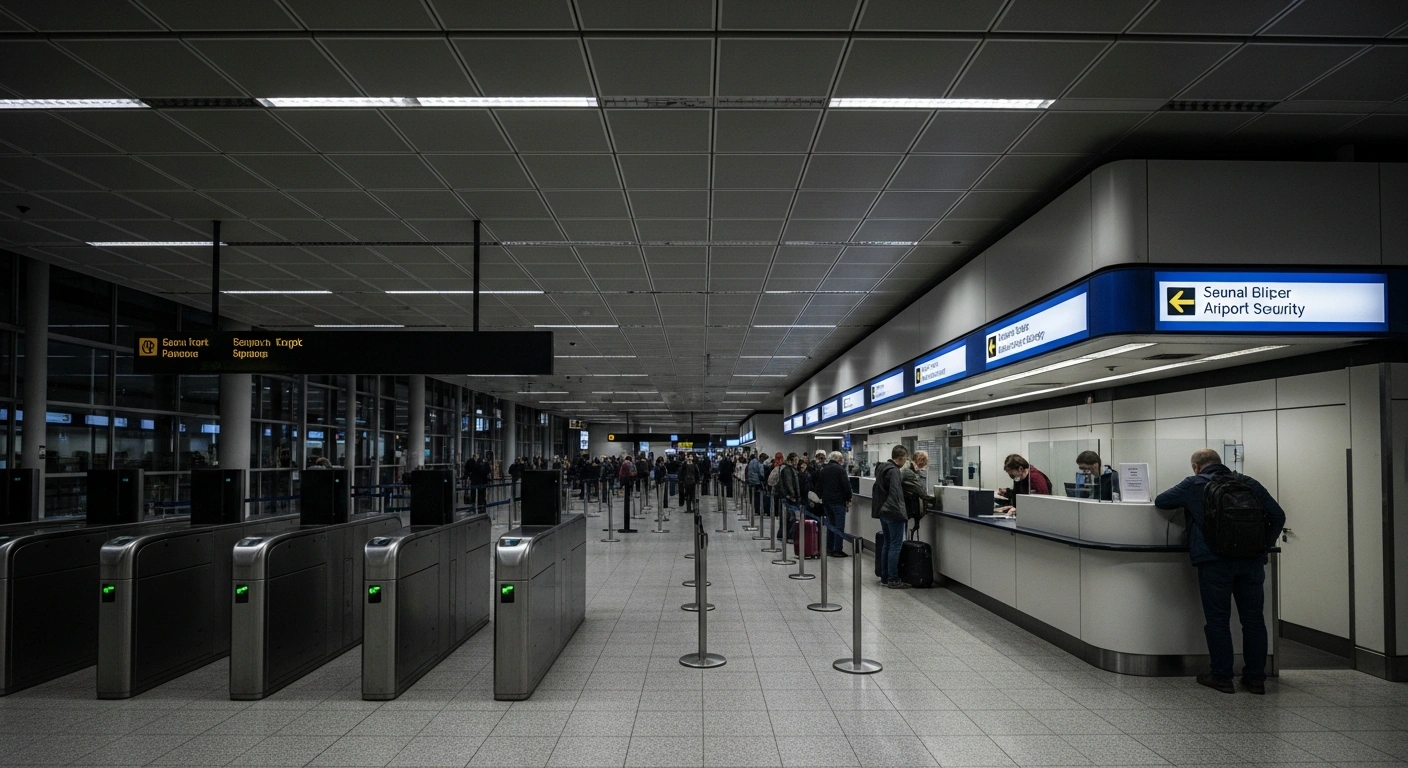 A wide, low-angle shot captures a long, snaking queue of weary travelers at Brussels Airport, waiting at a brightly lit manual passport processing counter, while dark, inoperable electronic passport gates stand idle in the background, following a technical glitch.