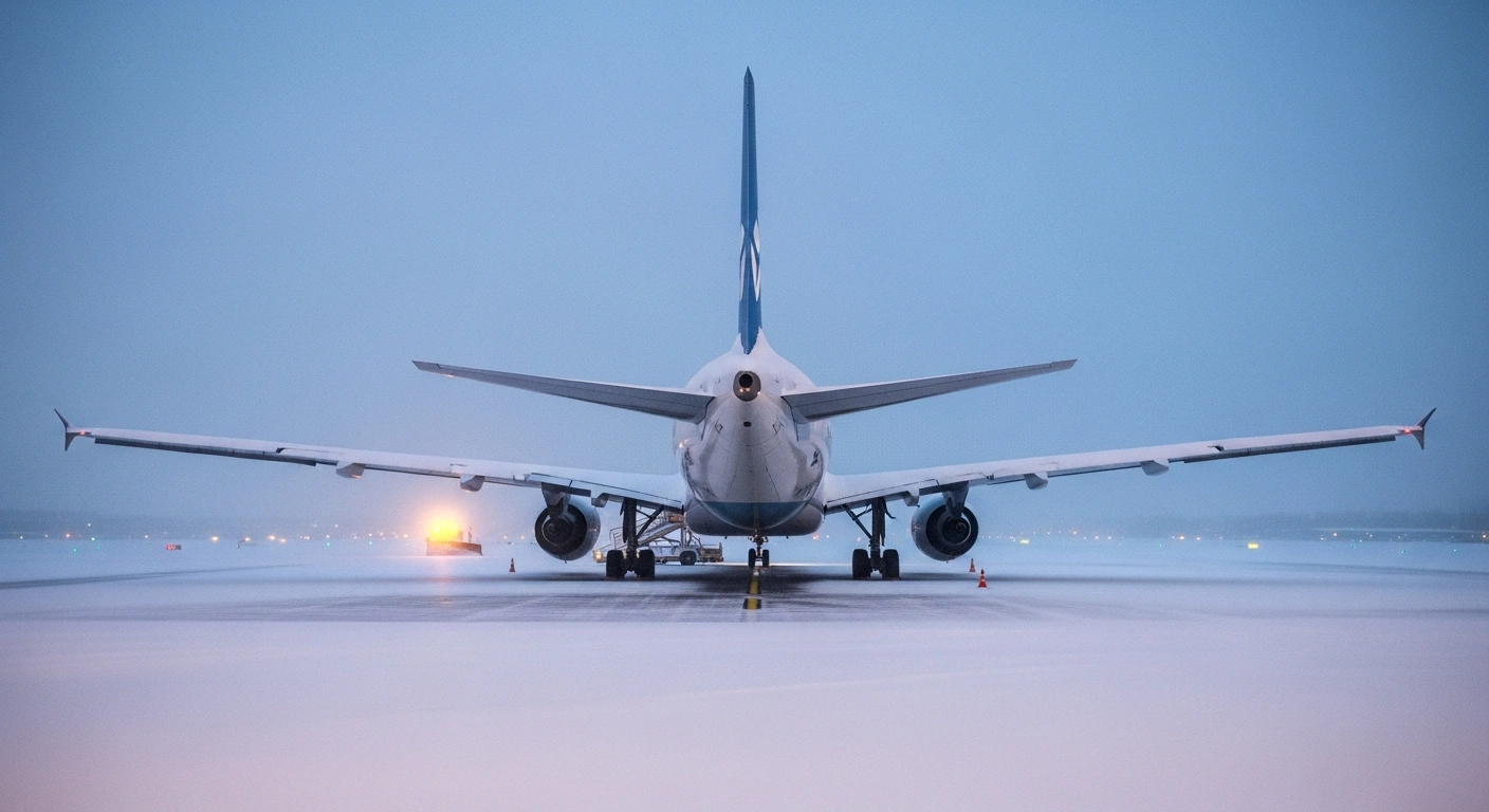 A wide, low-angle shot captures a large passenger jet grounded on a snow-covered tarmac at Brussels Airport, with heavy snowfall obscuring the view and runway lights dimly visible, symbolizing significant flight cancellations and delays.