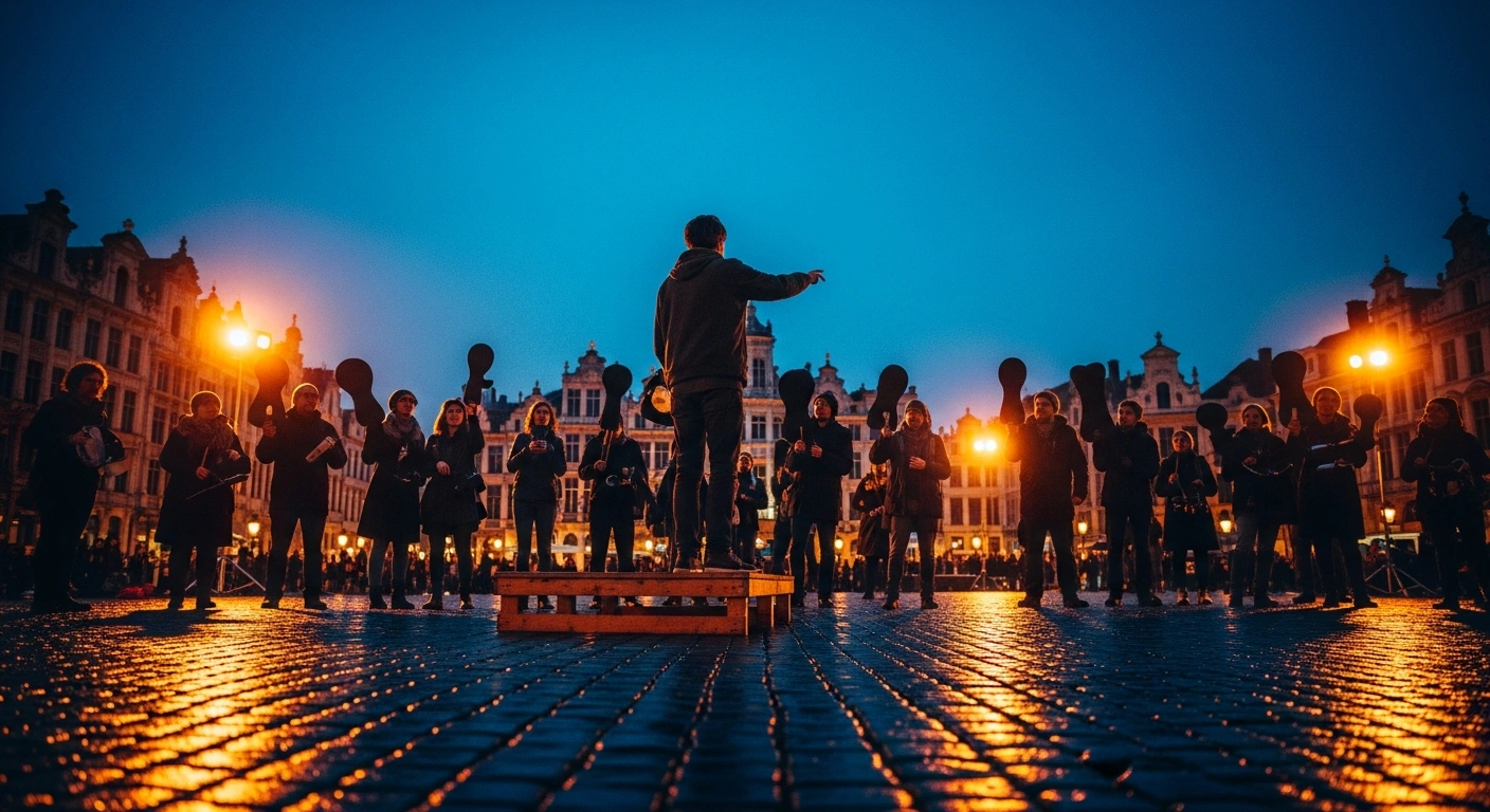 Belgian activists gather in a Brussels square for an alternative music event protesting the inclusion of the Israeli delegation in the 2026 Eurovision Song Contest.