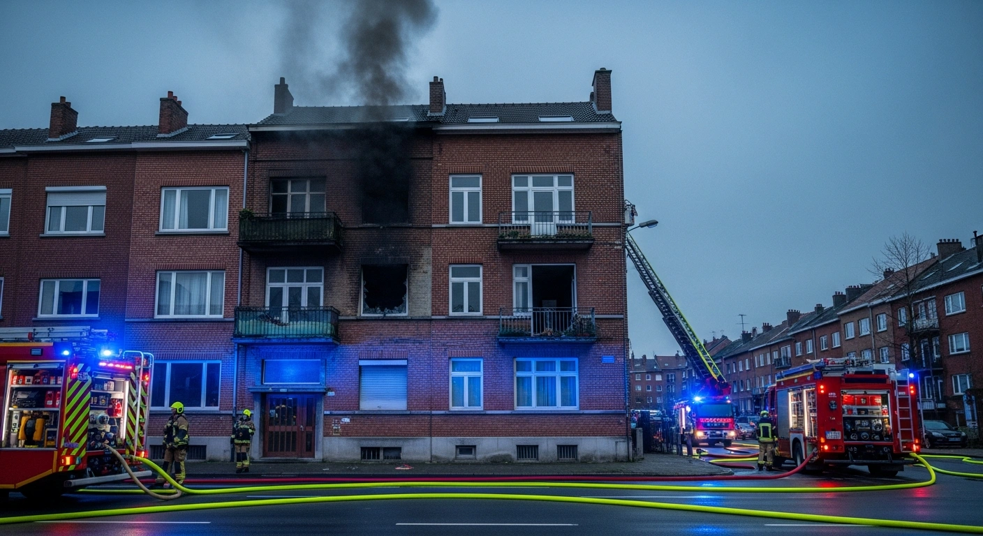 Emergency services respond to a fire at an illegally occupied apartment building in the Forest municipality of Brussels.
