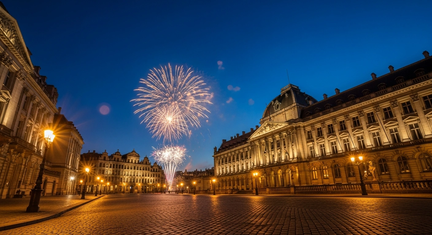A grand fireworks display illuminates the sky above the Royal Palace in Brussels during the Belgian National Day celebrations.