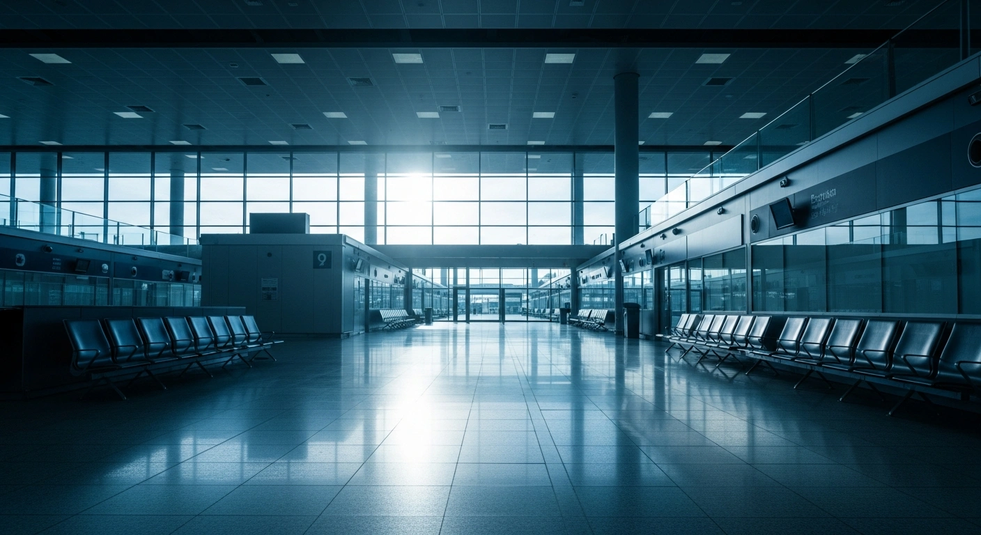 An empty and silent terminal at Brussels South Charleroi Airport during a national strike that grounded all passenger flights.