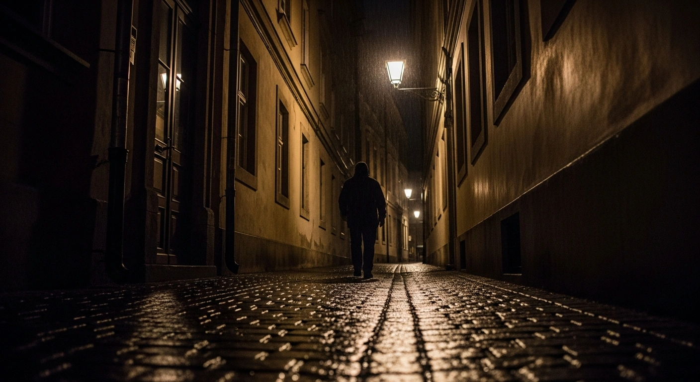 A dark, rain-slicked cobblestone alleyway in a European city at night, featuring a lone, silhouetted figure walking away from a distant streetlamp, depicting the ongoing investigation into a suspected plot to assassinate Brussels chief prosecutor Julien Moinil, linked to organized drug trafficking.
