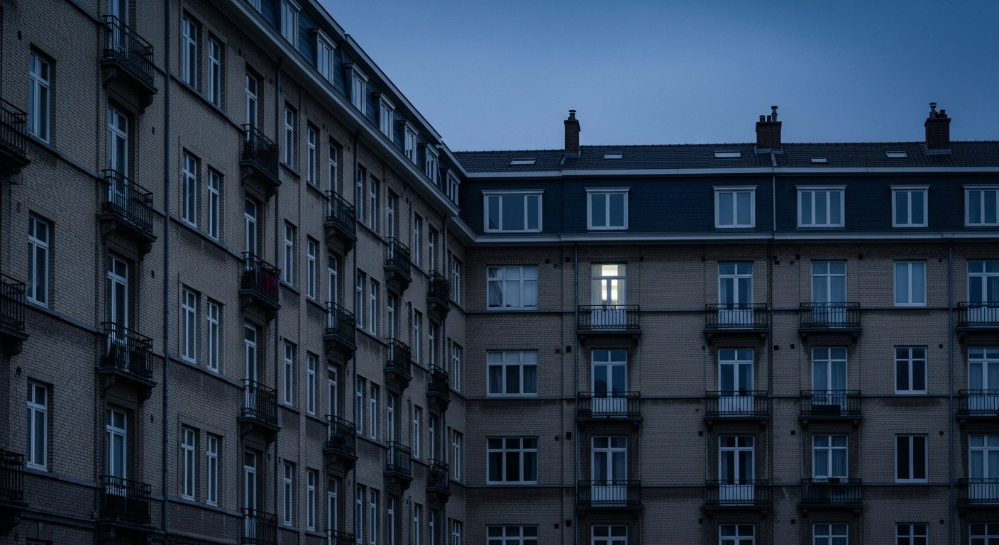 A low-angle view of a dense Brussels apartment building at dusk, featuring a single, small studio apartment window illuminated by artificial light, symbolizing the rising average monthly rent nearing €800 and the impact on affordability for residents.