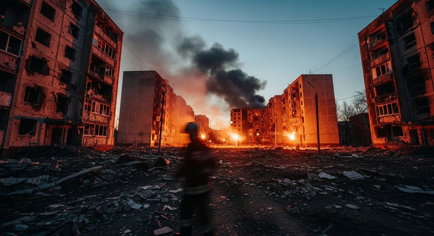 Emergency responders work at the site of a damaged residential building in Bryansk following a Ukrainian drone strike.