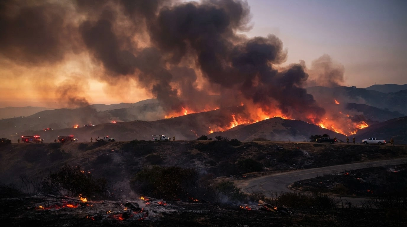 A large wildfire burns across the hills of Malibu, California, as smoke fills the sky during an emergency evacuation.