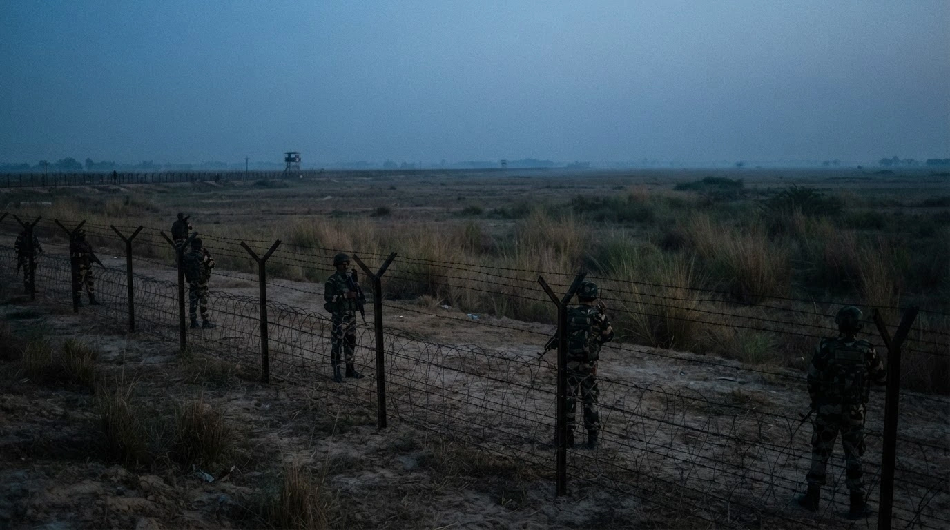 Border Security Force soldiers conduct a search operation near the international border in the Tarn Taran district of Punjab following an encounter with intruders.