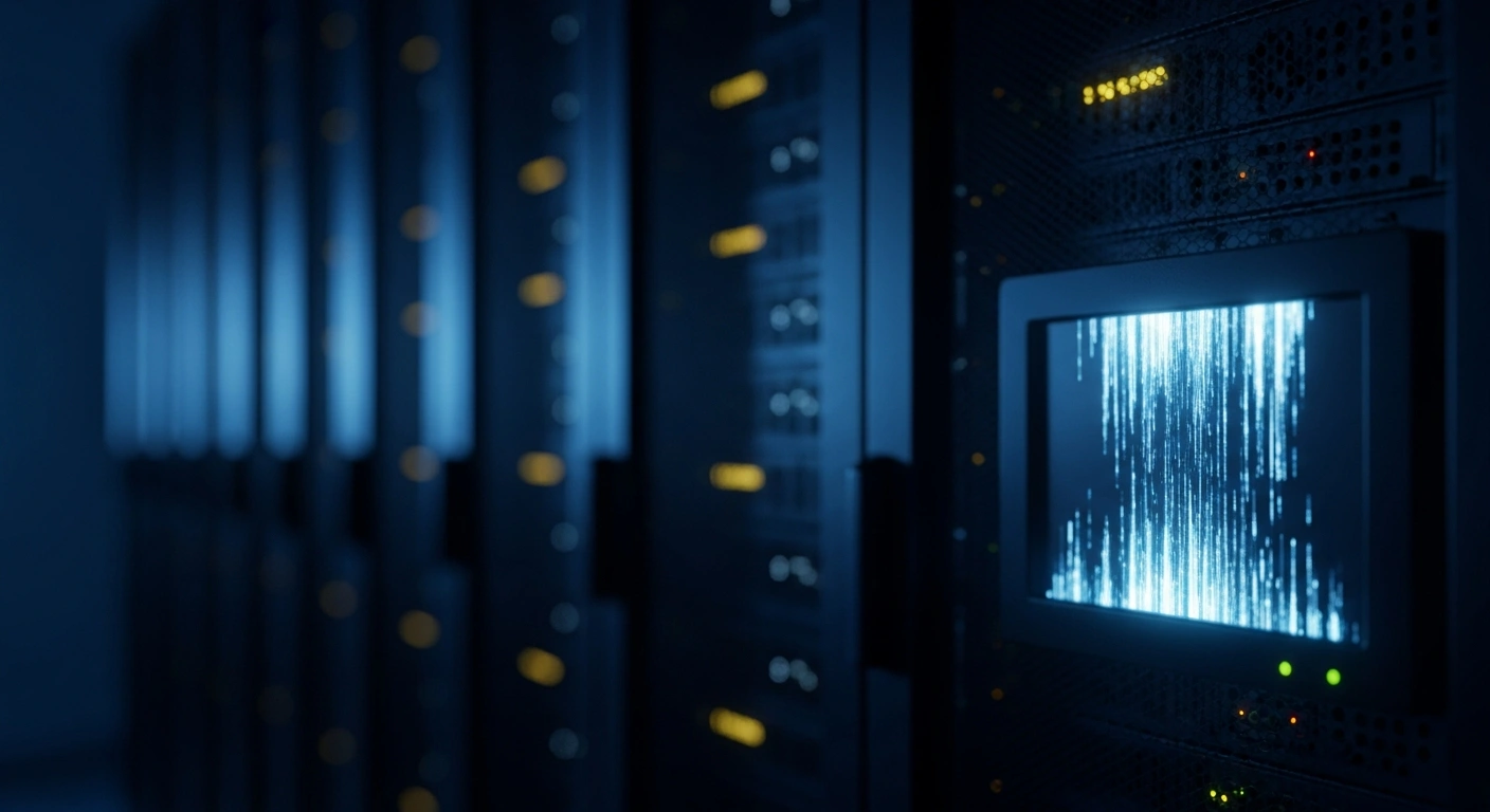 A digital server room experiences a cyber security breach with glowing blue lights and a flickering terminal screen at BTG Pactual.