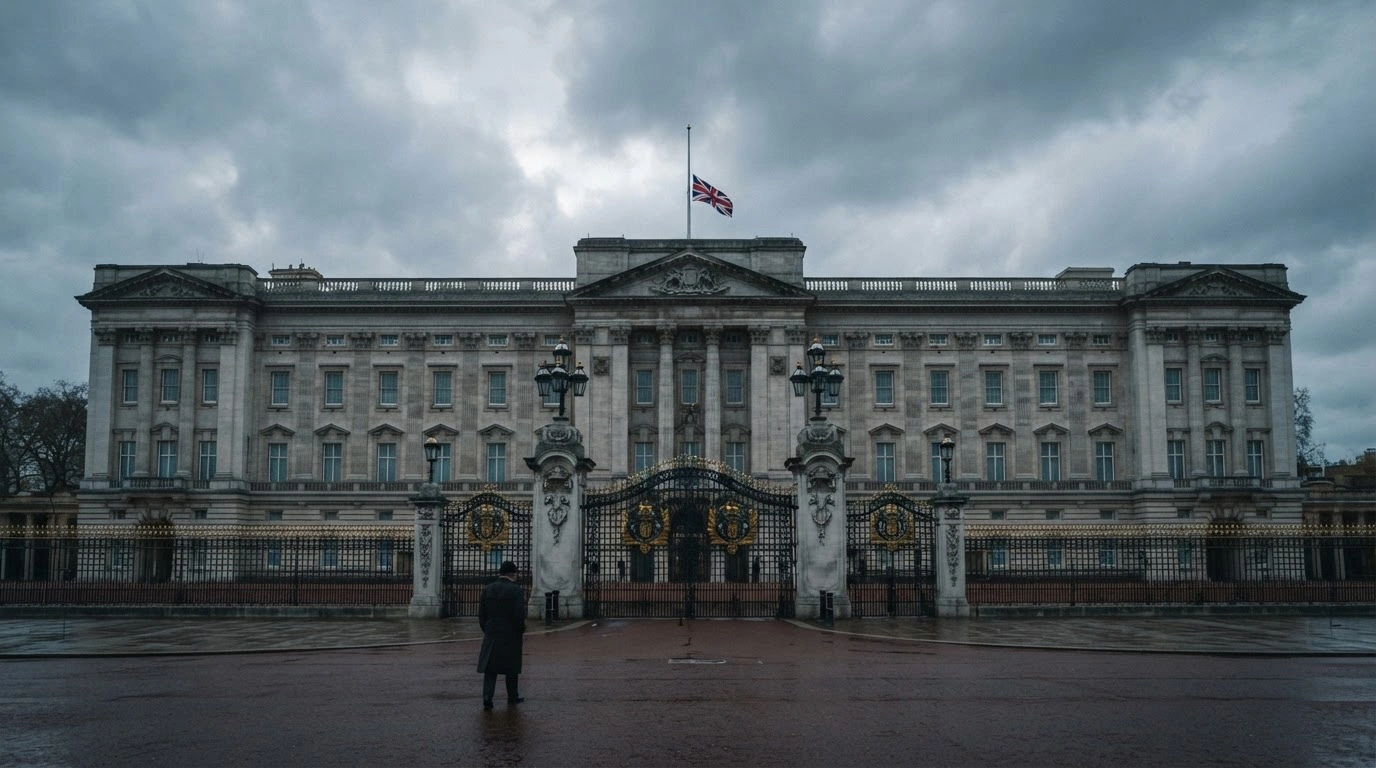 The exterior of Buckingham Palace stands under a cloudy sky as a symbol of the royal institution addressing historical narratives regarding King Charles III and Princess Diana.
