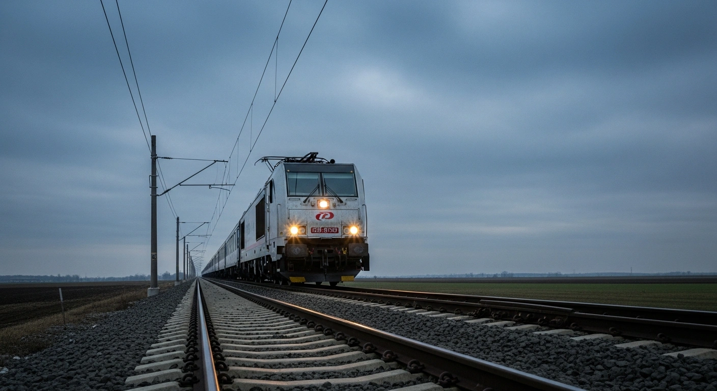 A modern freight train is depicted moving slowly on a newly laid track under an overcast sky, symbolizing the severely limited freight traffic operations on the modernized Hungarian section of the Budapest-Belgrade railway due to unresolved European Train Control System (ETCS) issues, which also cast doubt on passenger services.