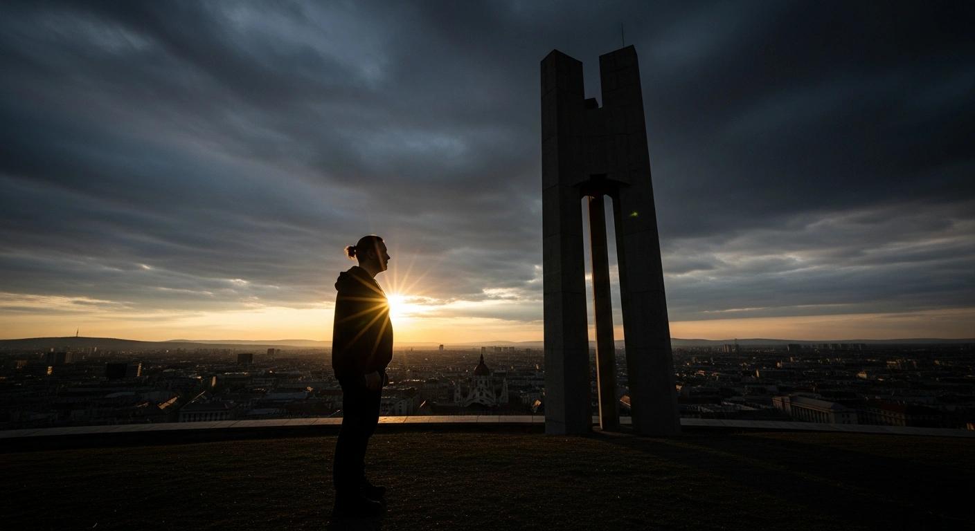 A lone figure, representing Budapest Mayor Gergely Karácsony, stands defiantly against a dark, monolithic structure symbolizing a controversial Hungarian government decree, under a stormy Budapest sky with a distant ray of hope, illustrating his criticism and call for European Commission intervention.