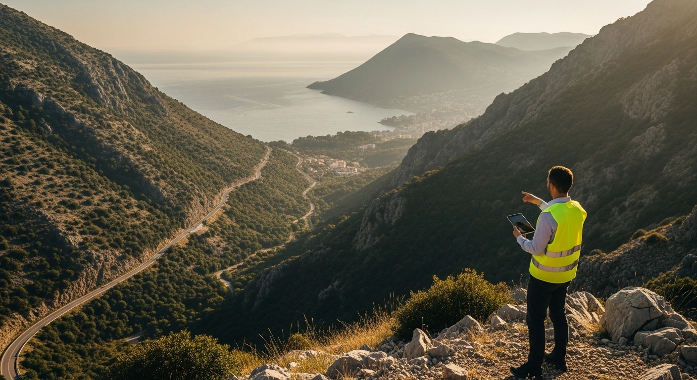 A construction engineer surveys the coastal terrain in Montenegro where the new Budva bypass infrastructure project is planned.