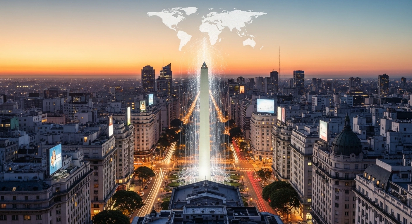 A wide-angle cinematic shot of the Buenos Aires skyline at dusk, featuring the Obelisco and glowing financial district, symbolizing the city's successful US$600 million dollar bond issuance and renewed investor confidence in international debt markets.