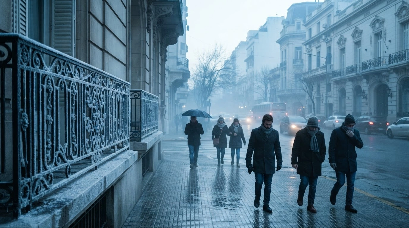 Pedestrians in heavy winter clothing walk through a frost-covered street in Buenos Aires during a sudden polar cold front.