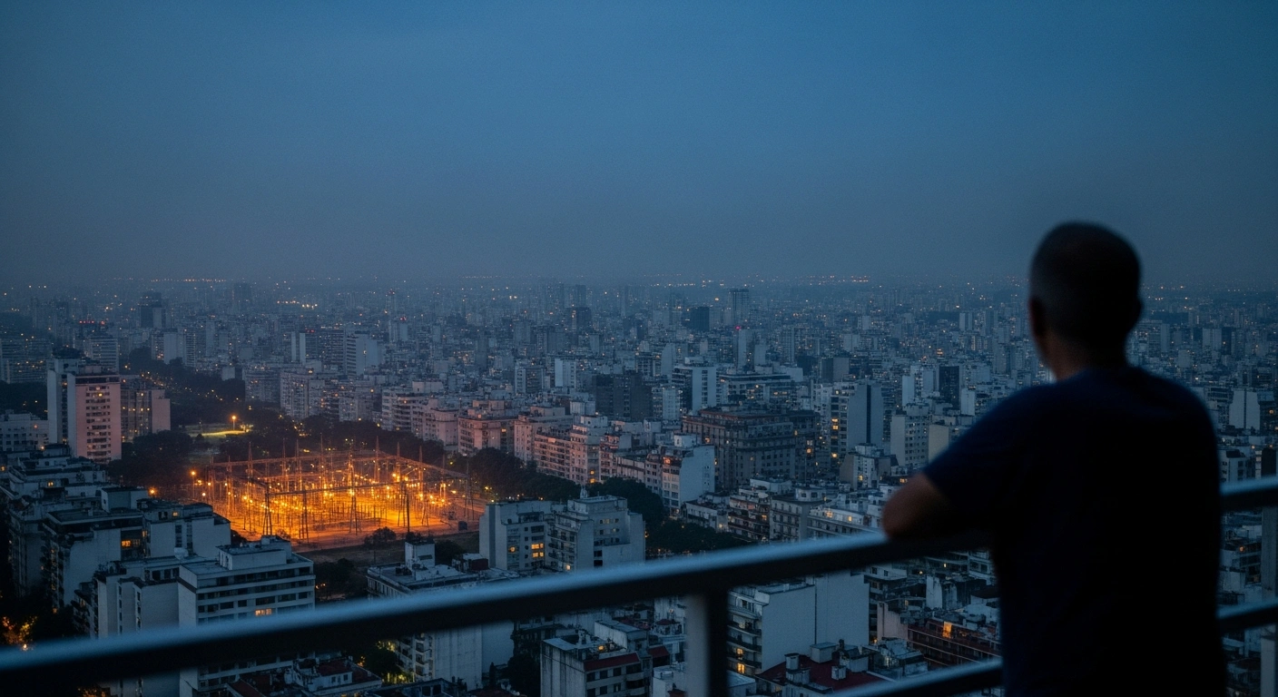 A wide, low-angle view of a darkened Buenos Aires cityscape at dusk, with a distant, sparking Morón transformer substation providing the only light, and a silhouetted figure on a balcony in the foreground, illustrating the power outage that plunged nearly one million people into darkness due to a technical failure during an intense heatwave.