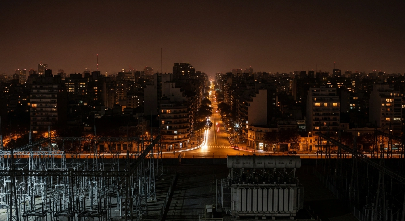 A wide, low-angle shot captures a sprawling, darkened Buenos Aires cityscape at night, illuminated only by scattered, weak light sources from candles and car headlights, depicting a massive power outage during a heatwave following a technical failure at a transformer substation, reflecting concerns over underinvestment in the power grid.