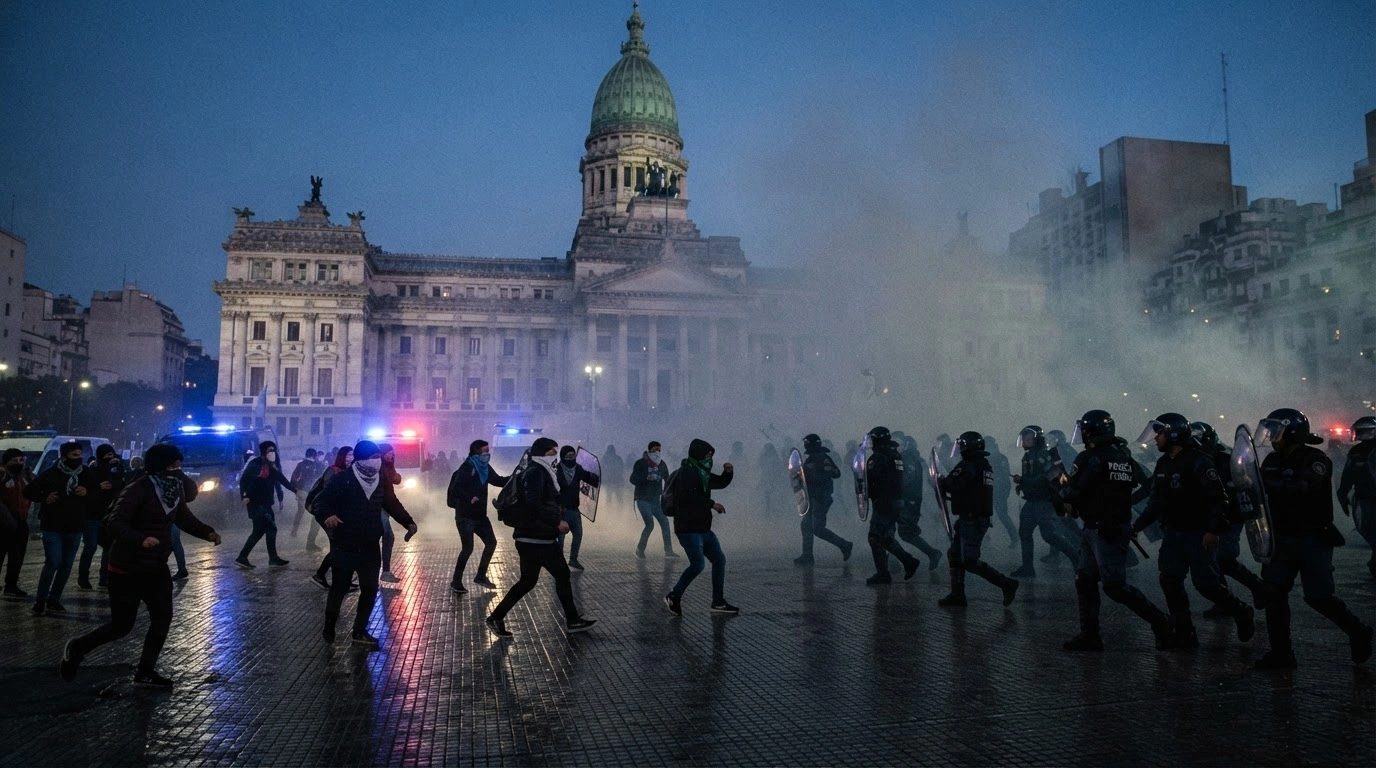 Riot police and demonstrators clash near the Argentine Congress in Buenos Aires during protests against government austerity measures.