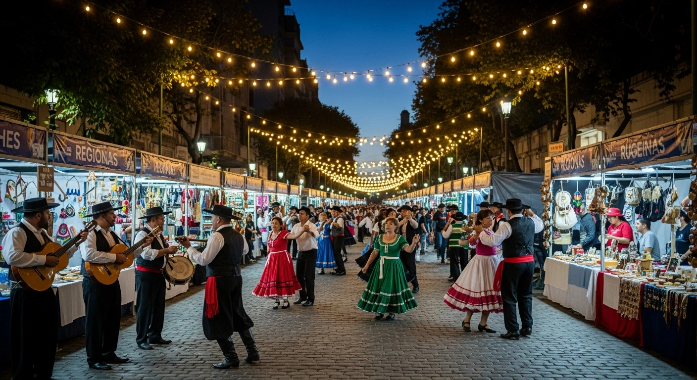 A vibrant street scene in Buenos Aires at night, illuminated by golden string lights, depicts a cultural event with diverse groups performing traditional Argentine dances and live folk music, alongside booths displaying regional crafts and food samples from Argentina's provinces, promoting cultural exchange and tourism.