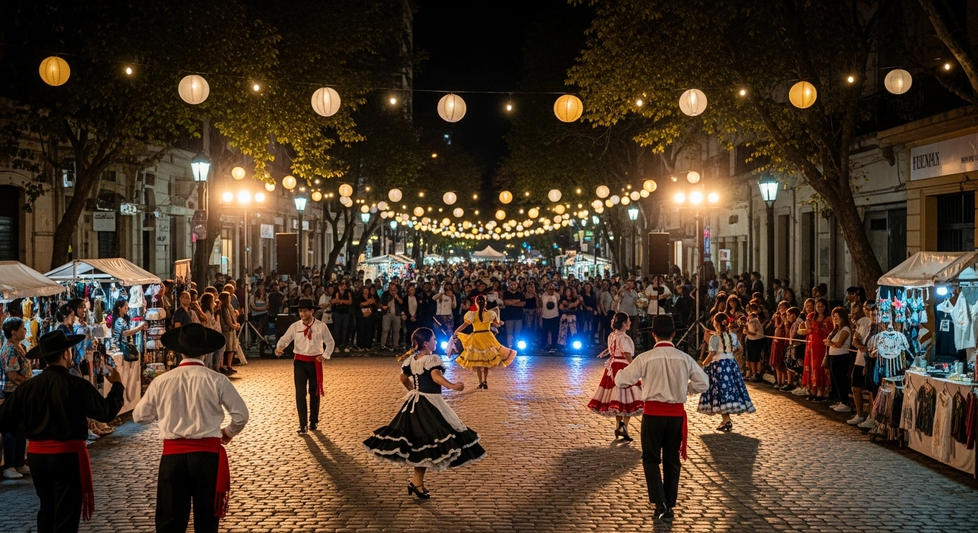 A vibrant night scene in Buenos Aires depicts 'The Night of the Provincial Houses,' an annual cultural event, with thousands of visitors enjoying traditional dancers in colorful costumes, bustling craft exhibitions, and food stalls under warm string lights, showcasing Argentina's regional diversity.