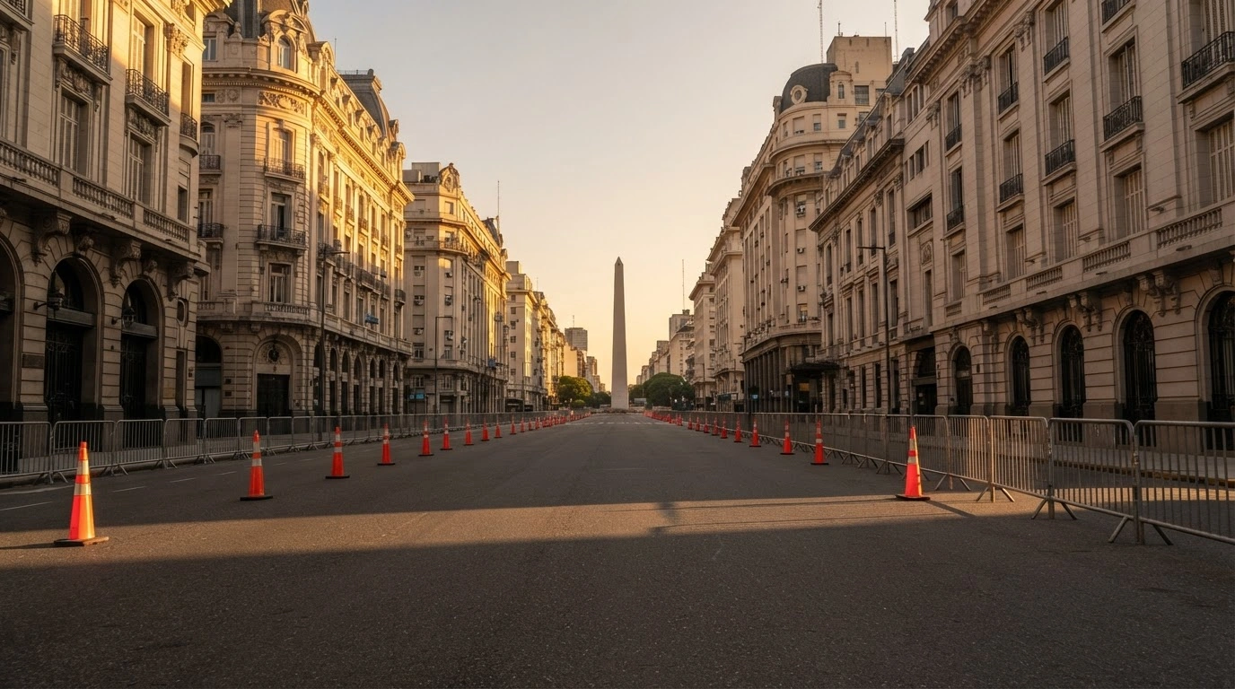 Empty streets and traffic barricades block access to Avenida de Mayo in Buenos Aires during a city-wide sporting event.
