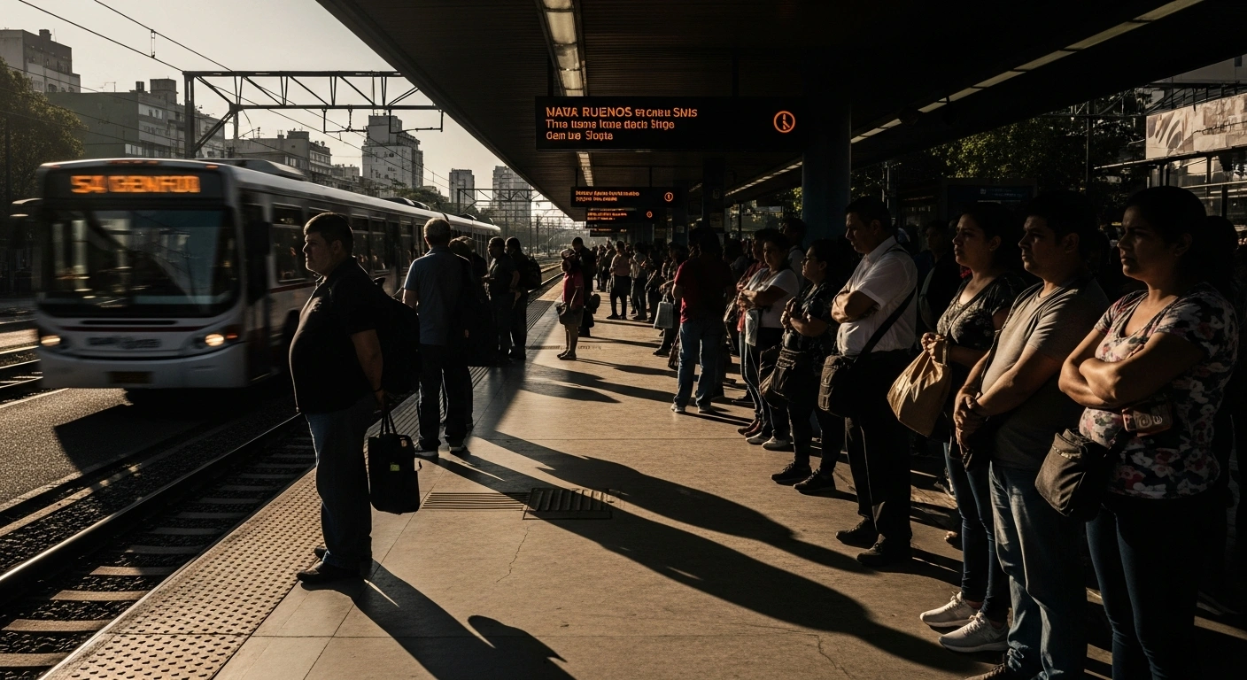 Commuters wait on a train platform in the Buenos Aires Metropolitan Area following the implementation of increased public transport fares.