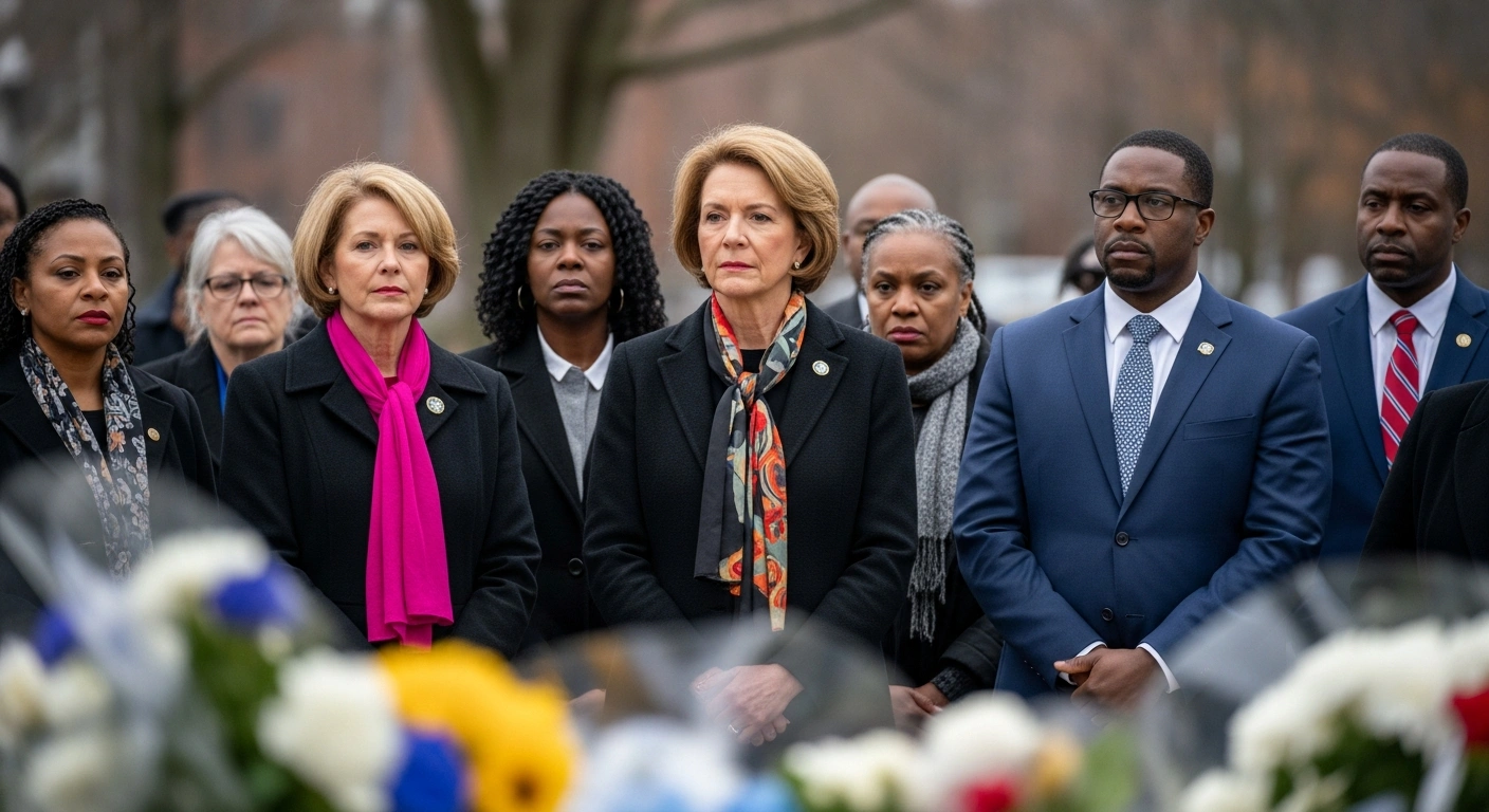 New York Governor Kathy Hochul stands with community members at a memorial ceremony in Buffalo to honor the victims of the 2022 Tops Friendly Markets shooting.