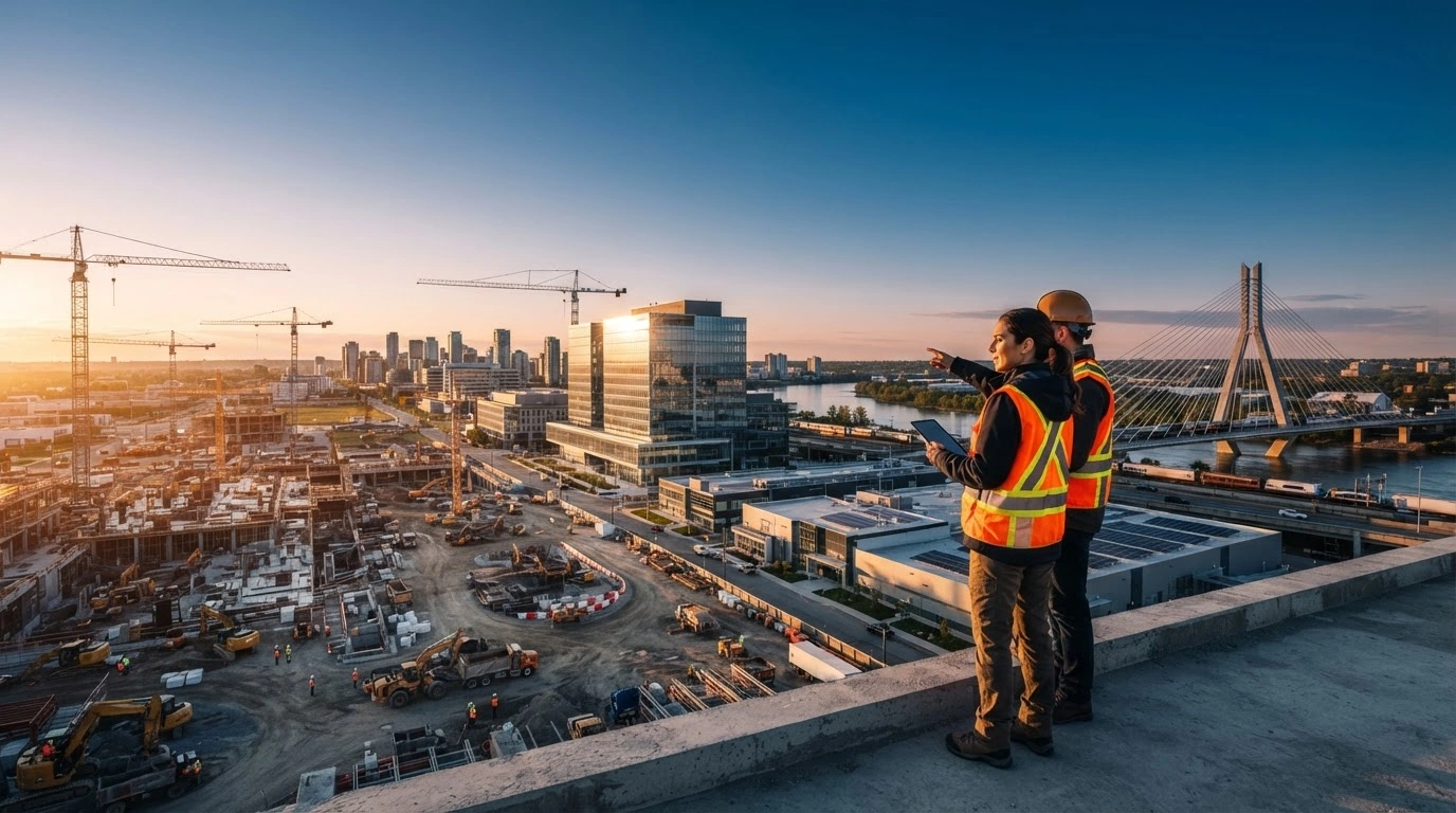 A professional engineer overlooks a large-scale infrastructure project site as part of the Canadian government's initiative to streamline industrial development.