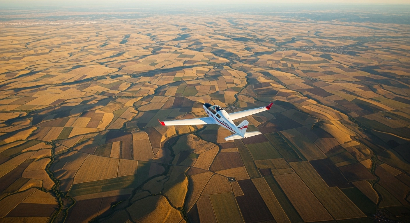 A survey aircraft flies over Bulgarian agricultural fields to update the national Land Parcel Identification System with high-resolution aerial imaging.
