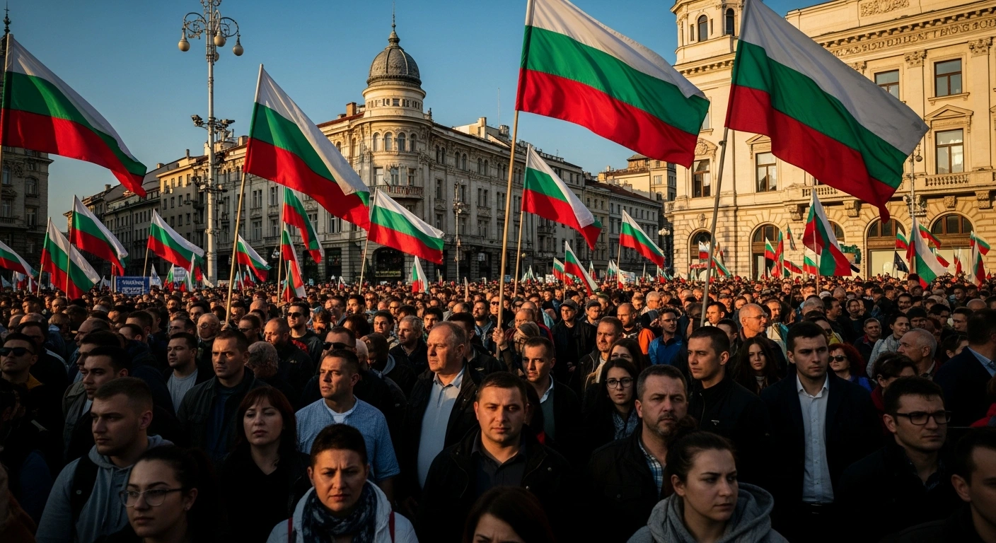 A large crowd of Bulgarian citizens protests in a historic city square, holding national flags, against the country's upcoming adoption of the euro and demanding the preservation of the national currency, the lev.
