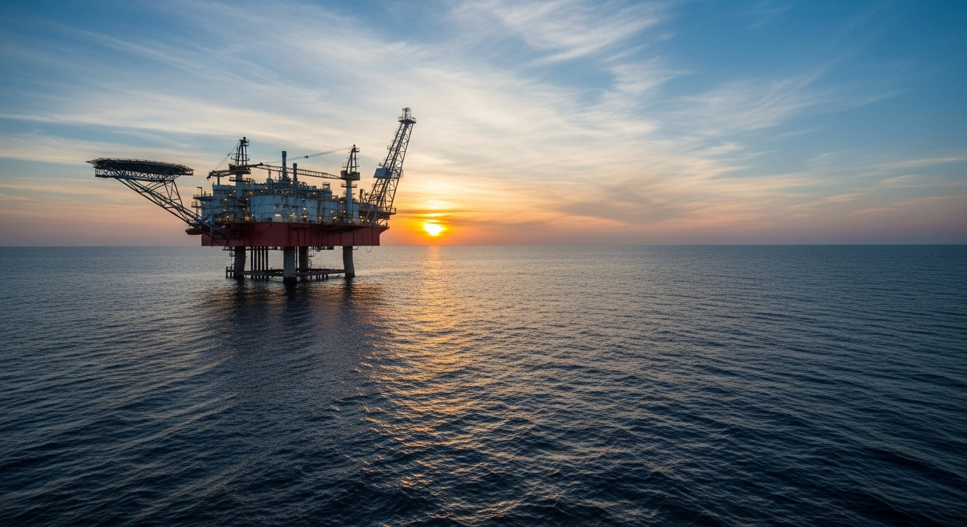 A large offshore oil and gas exploration platform is silhouetted against a dramatic sunrise over the Black Sea, symbolizing Bulgaria's state-owned Bulgarian Energy Holding's acquisition of a stake in the Khan Asparuh block to bolster energy security.