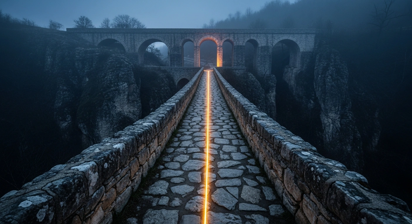 A symbolic representation of Bulgaria's economic stability featuring a fragile bridge over a deep chasm, reflecting concerns from Fitch regarding the 2026 state budget deficit.