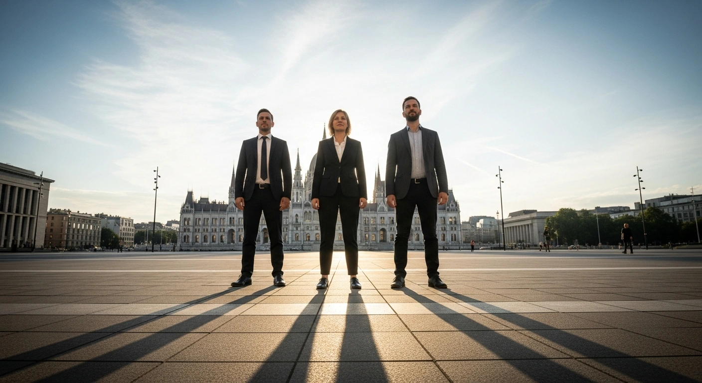Three political figures, representing the 'Yes, Bulgaria', 'Continue the Change', and Democrats for a Strong Bulgaria (DSB) parties, stand united in a sunlit plaza before a parliament building, symbolizing their coalition for upcoming early parliamentary elections to foster governmental stability and implement a reform agenda in Bulgaria.