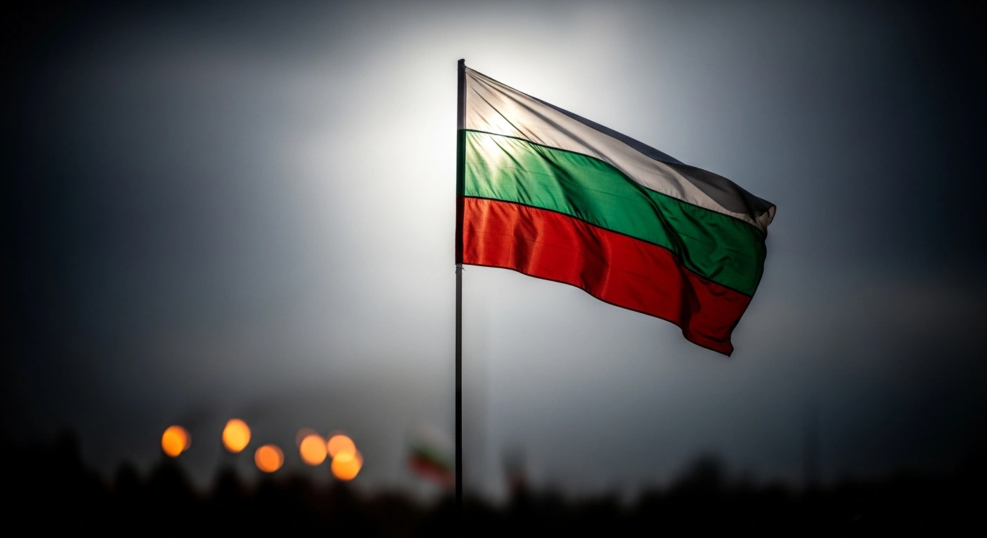 A weathered Bulgarian flag, brightly illuminated against a dark, stormy sky over Sofia, stands in stark contrast to a blurred, distant torchlit procession, symbolizing the Bulgarian Foreign Ministry's condemnation of the neo-Nazi 'Lukov March' and its incompatibility with national values.