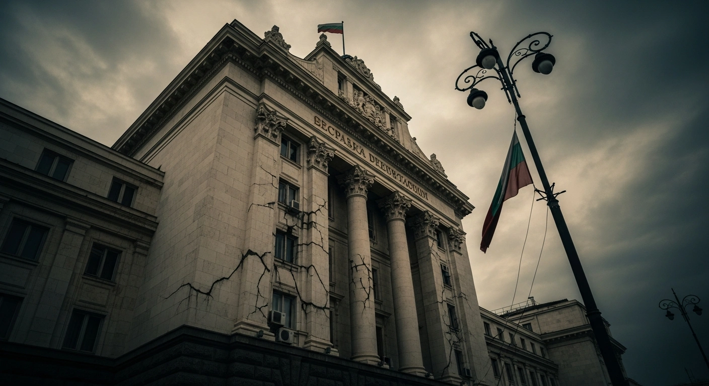 A wide, low-angle shot of a crumbling, ornate government building under a bruised twilight sky, with a single flickering streetlamp casting long shadows and a tattered flag hanging limply, symbolizing Bulgaria's lowest performance in the Transparency International Corruption Perceptions Index and its deepening governance crisis.