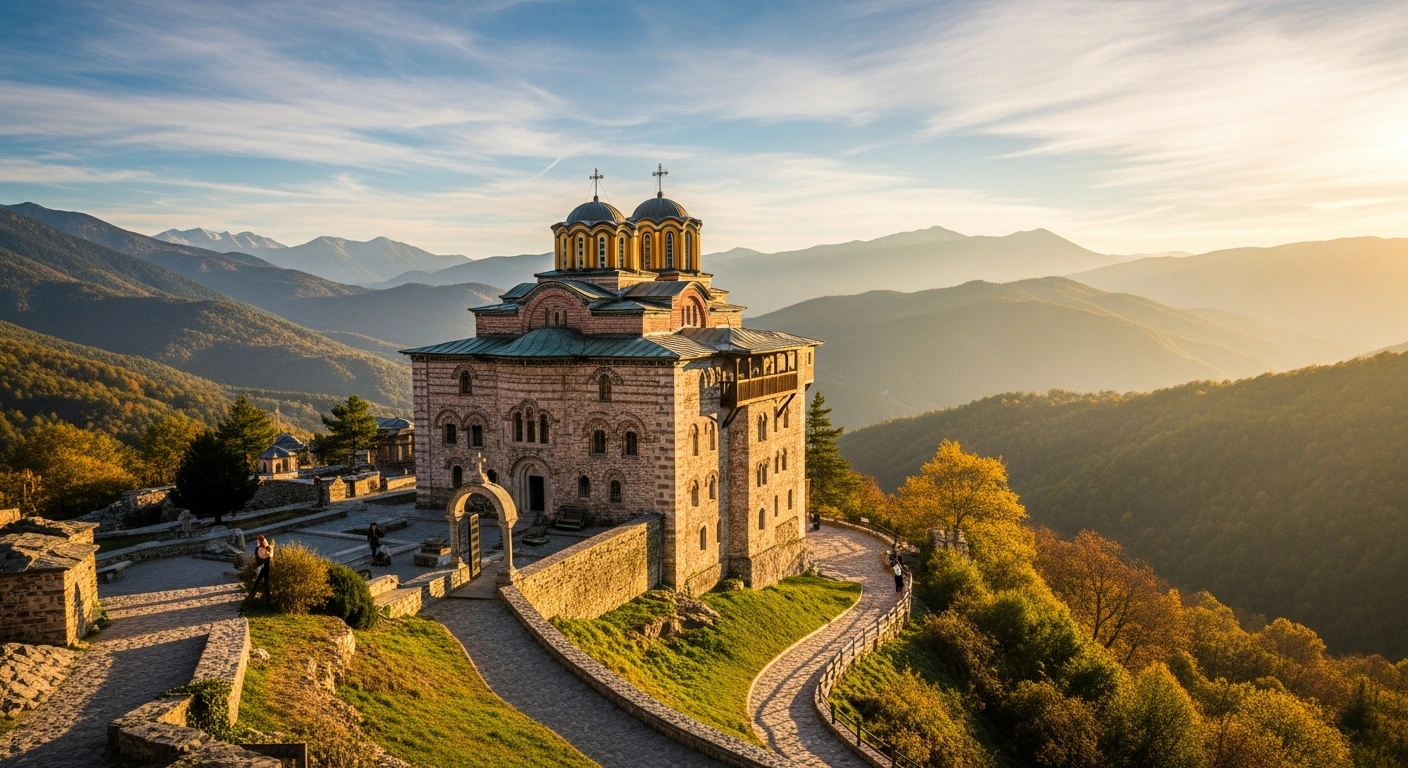 A majestic ancient Bulgarian monastery, glowing under golden hour light, is nestled within a vibrant four-season mountain landscape with a winding path, symbolizing Bulgaria's 2026 tourism strategy as a year-round cultural and mountain destination.