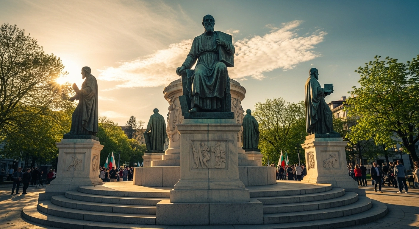A majestic monument honoring the Slavic educators Cyril and Methodius stands in a Bulgarian square during the national celebration of culture and enlightenment.