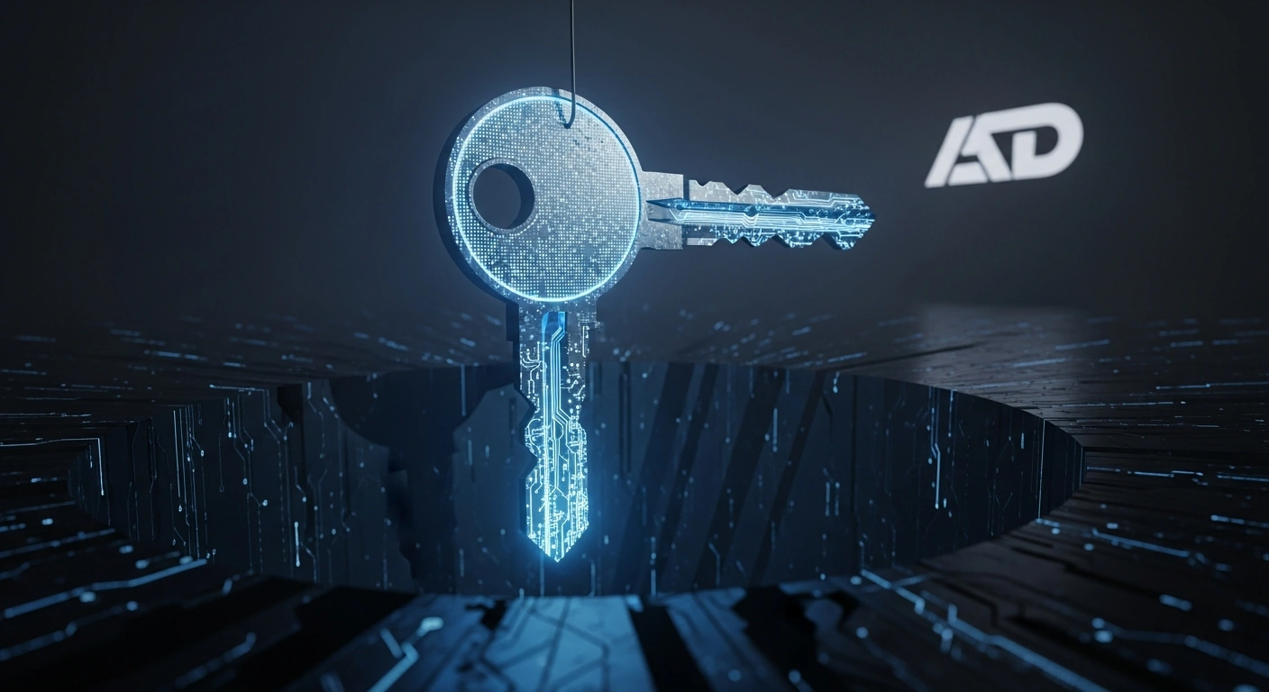 A colossal, glowing digital encryption key hovers precariously over a dark digital chasm, symbolizing the national security and digital sovereignty concerns raised by Bulgarian opposition leader Bozhidar Bozhanov regarding cloud-based data management and encryption keys in a new contract with Microsoft for state administration.