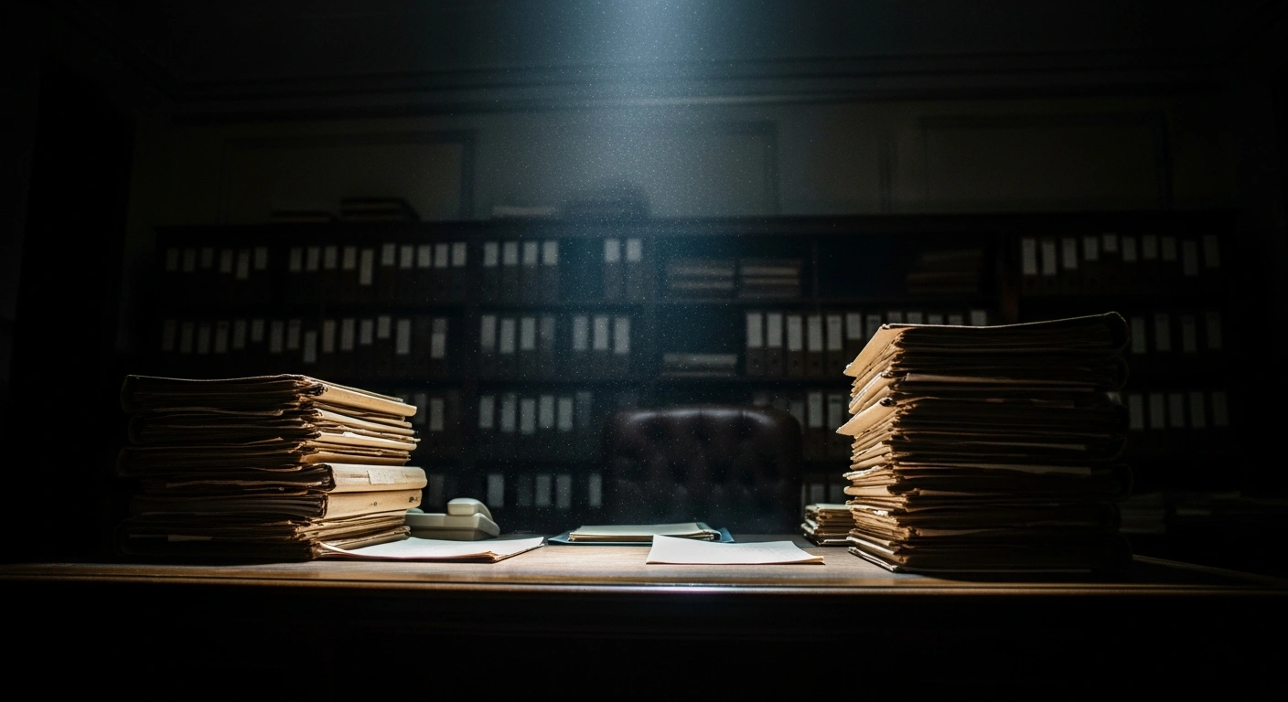A dimly lit room filled with stacks of historical documents represents the transparency efforts of the Bulgarian Dossier Commission regarding communist-era state security affiliations.