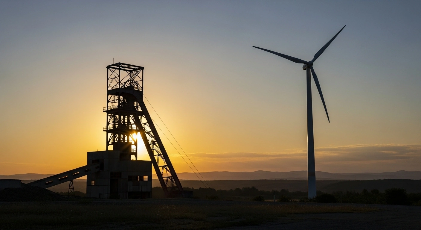 A wide shot at sunset shows a decommissioned Bulgarian coal mine structure silhouetted against the sky, with a modern wind turbine in the midground, symbolizing the energy transition in regions like Stara Zagora, Kyustendil, and Pernik, funded by the EU's 808 million euro Just Transition Fund for renewable energy and green hydrogen projects.