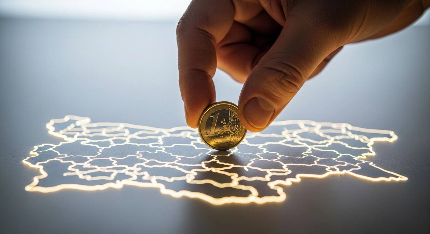 A weathered hand places a gleaming euro coin onto a stylized map of Bulgaria, symbolizing the nation's adoption of the euro and integration into the eurozone by 2026.