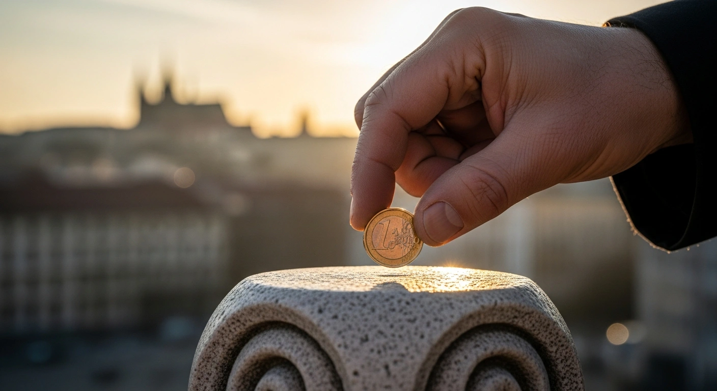 A weathered hand places a gleaming Euro coin onto a stylized stone pedestal, with a softly blurred European city skyline in the background, symbolizing Bulgaria's official adoption of the Euro as its national currency and its entry into the Eurozone.