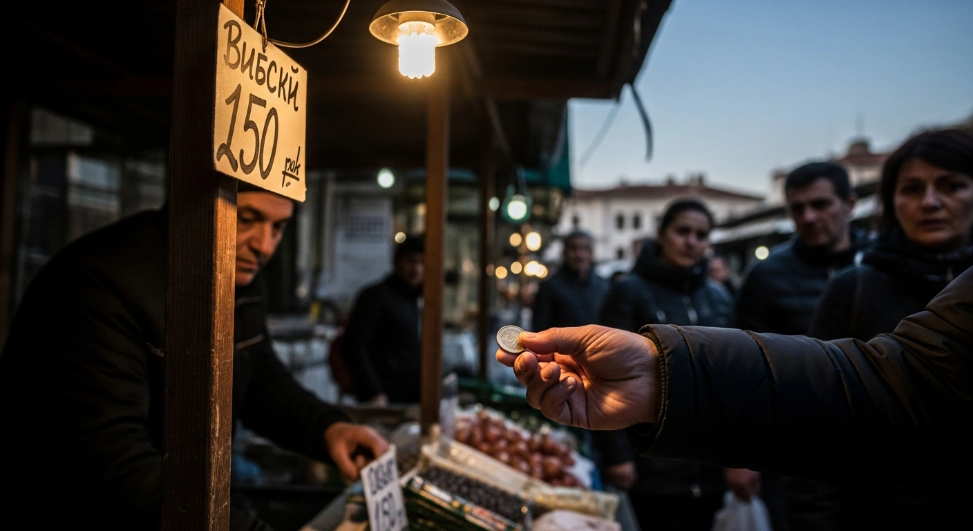 A dimly lit Bulgarian market scene at dusk captures a weathered hand hesitantly offering a newly minted Euro coin towards a vendor, while blurred shoppers in the background display palpable apprehension regarding potential price increases and inflation following Bulgaria's official adoption of the Euro.