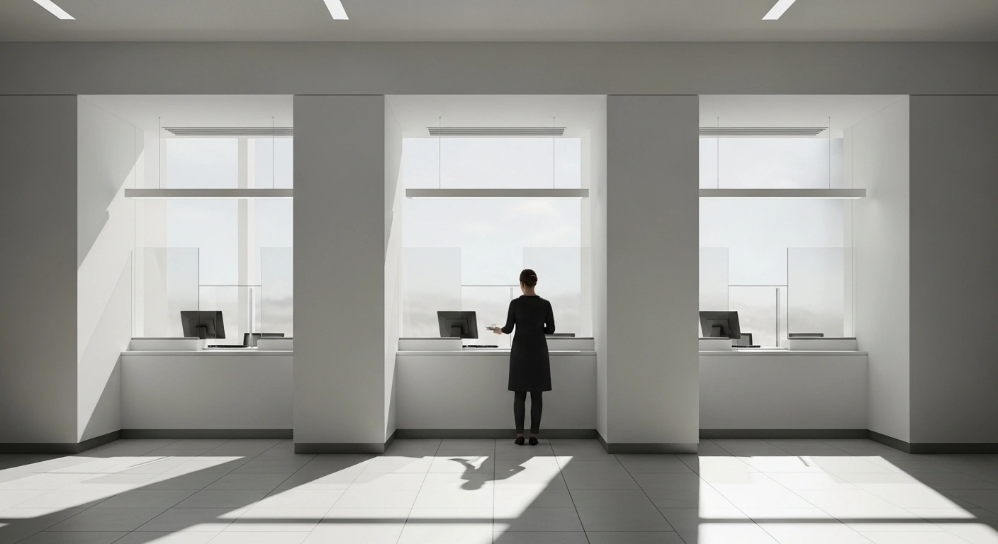 A person stands at a secure bank teller window, poised to exchange currency, symbolizing Bulgaria's upcoming euro adoption and the recommendation to use official locations for transactions.