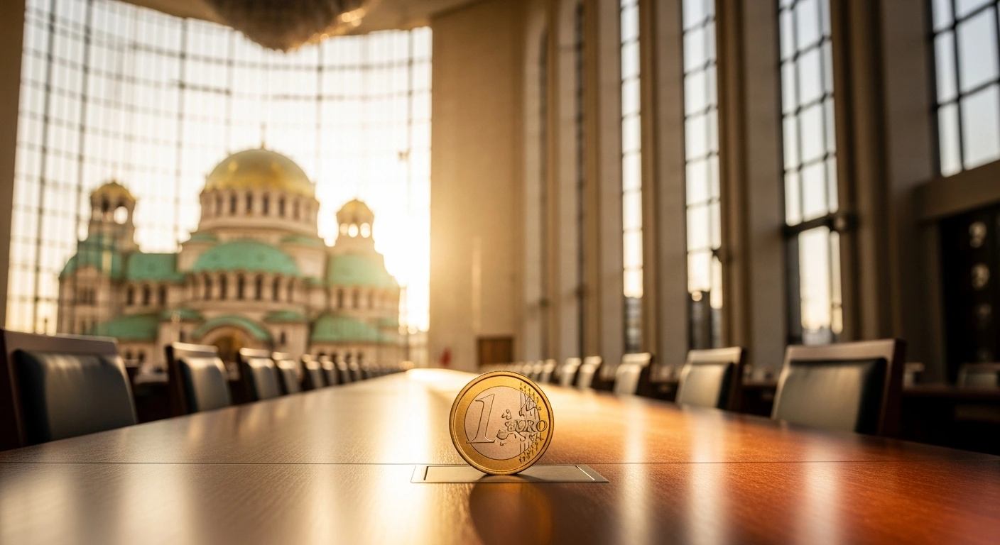 A modern conference hall in Sofia, Bulgaria, illuminated by golden light, features a polished table with a euro coin, symbolizing the upcoming 'Bulgaria on the Doorstep of the Eurozone' conference on November 4, 2025, and the nation's planned euro adoption on January 1, 2026, involving senior EU and international officials.