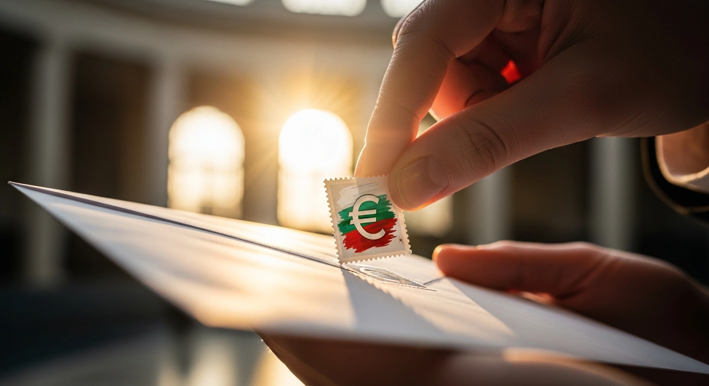 A close-up shot shows a hand carefully pressing a newly issued postage stamp, symbolizing Bulgaria's entry into the Eurozone in 2026, onto a white envelope.