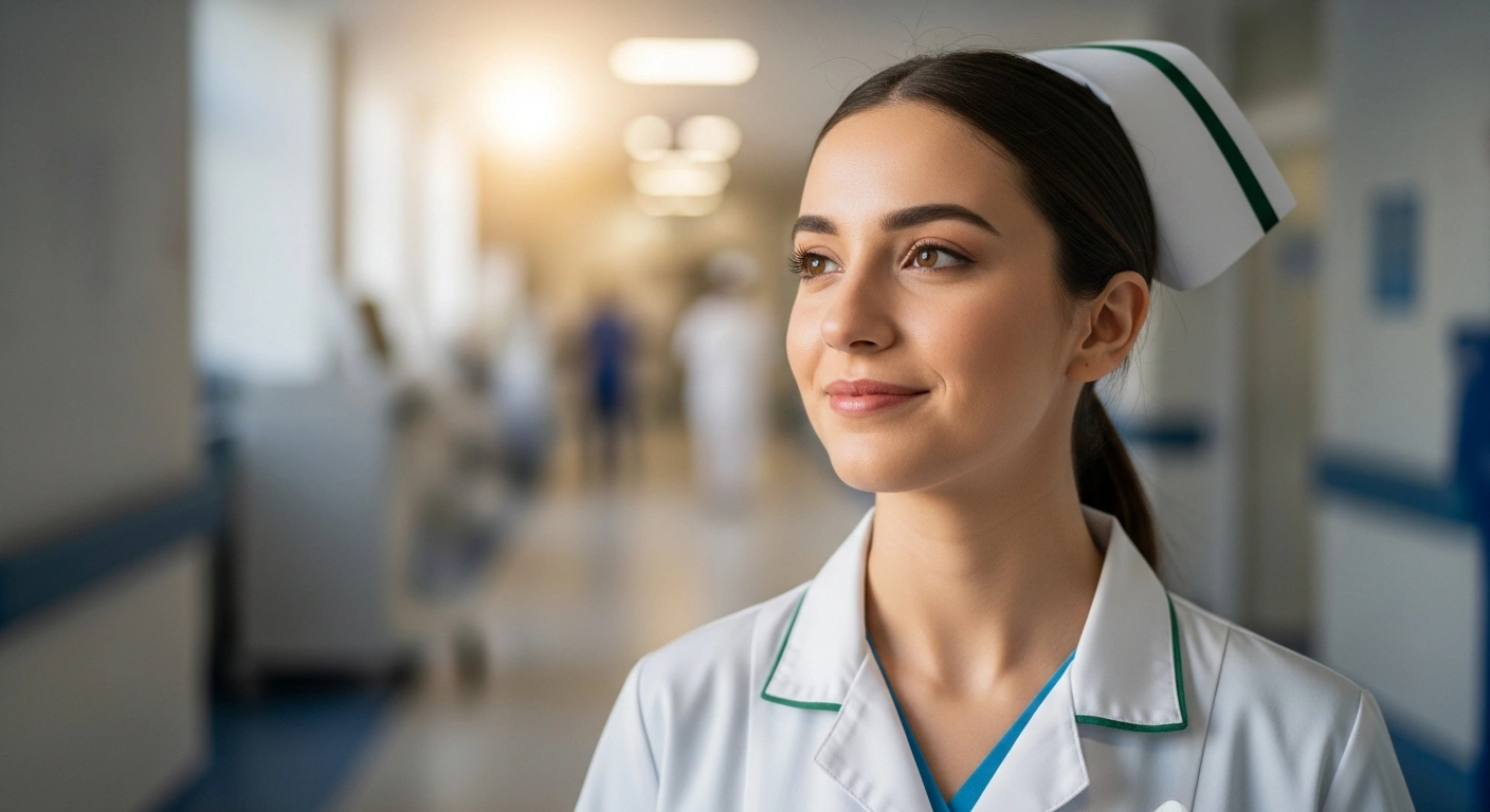 A young Bulgarian nurse stands in a hospital corridor with a hopeful expression, symbolizing the government's €260 million allocation to hospitals to significantly raise minimum salaries for young doctors and nurses, aiming to address critical staffing shortages in Bulgaria's healthcare sector.