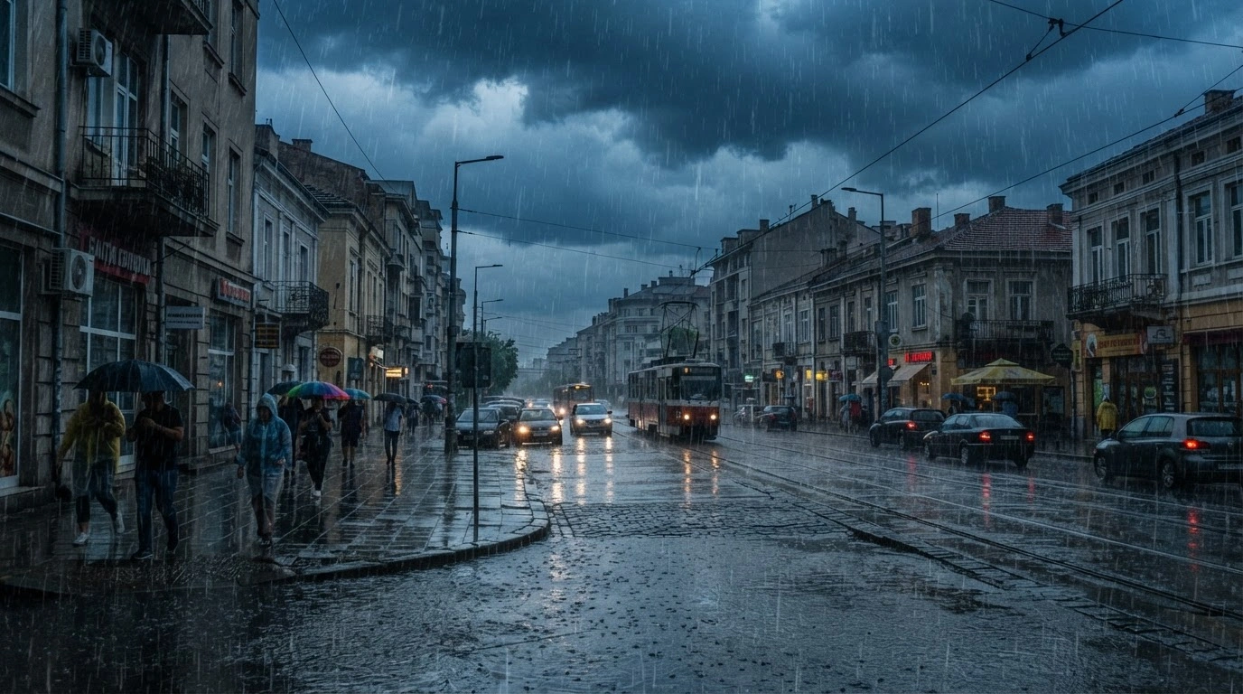 Heavy rain falls on a street in Bulgaria as part of a yellow code weather warning issued by the National Institute of Meteorology and Hydrology.