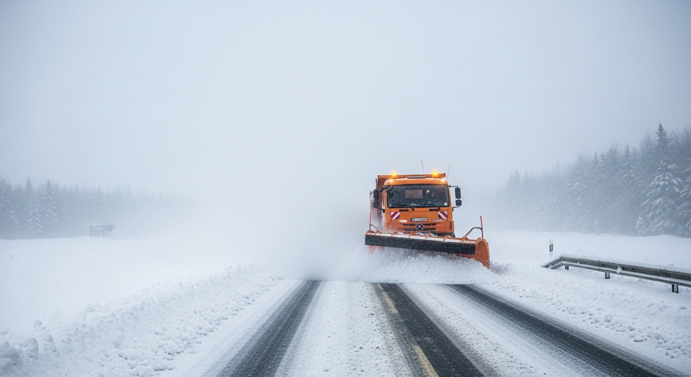 A large orange snowplow with bright headlights clears heavy snowfall from a highway during a blizzard in Bulgaria, illustrating the challenging road conditions and the deployment of snow-clearing machines following orange and yellow code warnings from the National Institute of Meteorology and Hydrology.