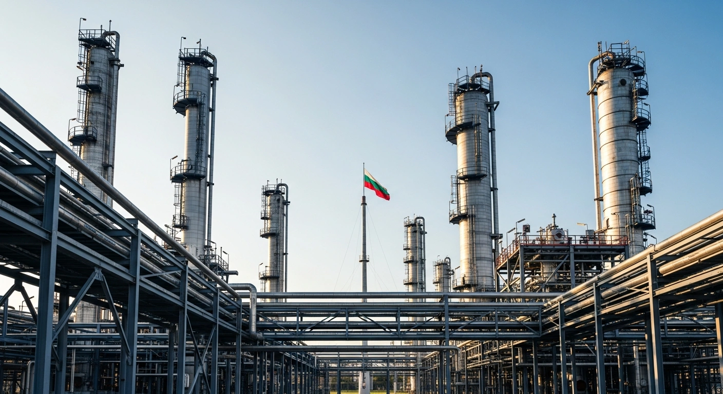 A low-angle wide shot captures the Lukoil Neftochim Burgas refinery at dawn, its industrial structures illuminated by the rising sun, with a Bulgarian flag prominently displayed, symbolizing Bulgaria's parliamentary decision to appoint a special manager for fuel supply stability and national interests in response to impending US sanctions.