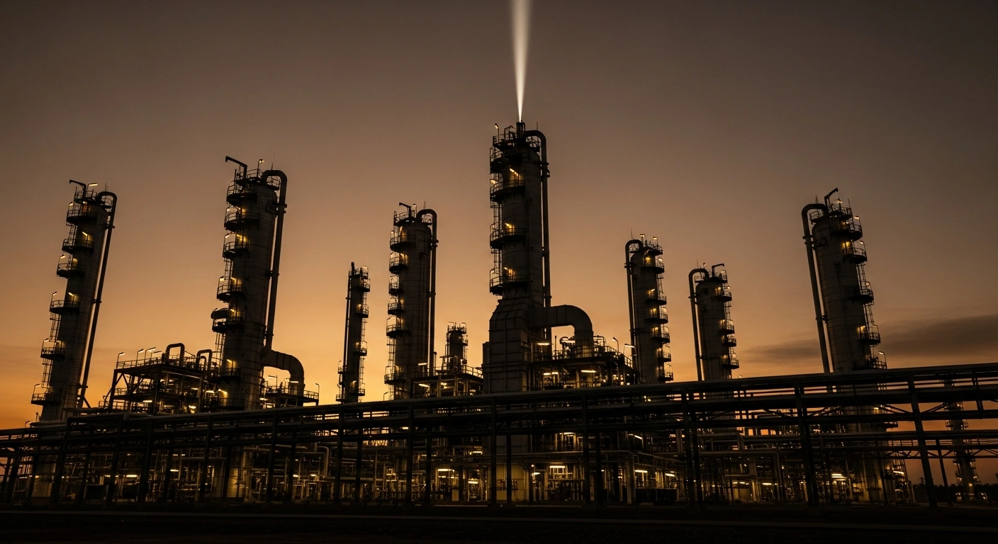A wide, low-angle shot of the Lukoil Neftochim Burgas oil refinery at pre-dawn, its industrial structures silhouetted against the sky, with a central tower highlighted by a spotlight, representing Bulgaria's state control over the facility.